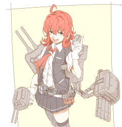 Rule 34 | 10s, 1girl, ahoge, arashi (kancolle), bad id, bad pixiv id, depth charge, gloves, gun, holding, holding gun, holding weapon, kantai collection, machinery, messy hair, necktie, ninimo nimo, open mouth, pleated skirt, red eyes, red hair, school uniform, searchlight, sketch, skirt, smile, solo, thighhighs, turret, vest, weapon, white gloves