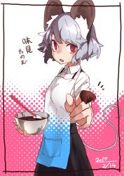 Rule 34 | 1girl, absurdres, animal ears, apron, black skirt, bowl, chocolate on hand, cooking, dated, food on hand, foreshortening, from side, grey hair, halftone, highres, holding, holding bowl, long sleeves, looking at viewer, looking to the side, mouse ears, mouse tail, nazrin, notice lines, open mouth, parted lips, red eyes, reiga (act000), shirt, short hair, skirt, solo, standing, tail, teeth, touhou, translation request, upper teeth only, white apron, white shirt