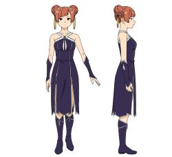 Rule 34 | 1girl, arm warmers, blue footwear, boots, brown eyes, character sheet, diagonal bangs, double bun, expressionless, from side, full body, gauntlets, hair bun, hair ornament, halterneck, laufen (sousou no frieren), official art, orange hair, profile, sousou no frieren, straight-on, tassel, tassel hair ornament, transparent background