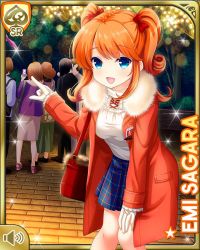 Rule 34 | 3girls, 4boys, bag, blue eyes, blue skirt, bow, card (medium), character name, coat, female focus, girlfriend (kari), hair behind ear, hair ribbon, handbag, juggling club, lights, looking at viewer, multiple boys, multiple girls, night, official art, open mouth, orange hair, outdoors, plaid, plaid skirt, pointing, pointing at another, qp:flapper, red bow, red coat, ribbon, sagara emi, shirt, shoes, skirt, smile, standing, tagme, thighhighs, two side up, white shirt, winter clothes, winter coat