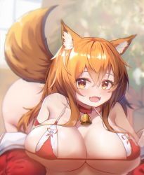 Rule 34 | 1girl, absurdres, alternate costume, animal ears, aoinu (aoinu 99), arknights, bell, bikini, blush, breasts, brown eyes, brown hair, ceobe (arknights), christmas, collar, fang, highres, huge breasts, looking at viewer, open mouth, santa bikini, smile, solo, swimsuit, tail