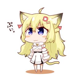 Rule 34 | 1girl, :3, ahoge, animal ear fluff, animal ears, blonde hair, blue eyes, blush, breasts, cat ears, cat girl, cat tail, chibi, commentary request, detached sleeves, dress, fur collar, hair between eyes, hair ornament, hairclip, highres, hololive, kuroshiro1011, looking at viewer, medium breasts, simple background, sleeveless, sleeveless dress, solo, tail, tsunomaki watame, tsunomaki watame (1st costume), virtual youtuber, white background, white dress, white sleeves