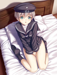 Rule 34 | 10s, 1girl, :o, bed, bed sheet, beret, between legs, black dress, black hat, black socks, blue eyes, blush, breasts, character name, clothes writing, commentary request, covering crotch, covering privates, dress, from above, hand between legs, hat, highres, kantai collection, kneehighs, knees together feet apart, kukuri (ahagon), legs, long sleeves, looking up, no shoes, on bed, open mouth, pillow, sailor dress, short dress, short hair, silver hair, sitting, small breasts, socks, solo, sweat, tareme, wariza, z1 leberecht maass (kancolle)