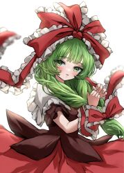 Rule 34 | 1girl, blush, commentary, commission, dress, frilled ribbon, frills, front ponytail, green eyes, green hair, hair ribbon, hands up, highres, kagiyama hina, long hair, looking at viewer, looking to the side, mikan (manmarumikan), parted lips, puffy short sleeves, puffy sleeves, red dress, red ribbon, ribbon, short sleeves, simple background, skeb commission, solo, touhou, upper body, white background