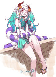 Rule 34 | 1girl, a mimishi, absurdres, ahoge, alternate costume, alternate hairstyle, artist name, blue choker, blue hair, blue skirt, breasts, choker, commentary, english commentary, feet out of frame, geta, gradient hair, hair ornament, highres, horns, large breasts, multicolored hair, one eye closed, one piece, red eyes, rope, shimenawa, sidelocks, sitting, skirt, smile, solo, star (symbol), star hair ornament, teeth, twintails, twitter username, two-tone hair, white background, white hair, yamato (one piece)