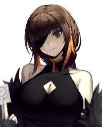 Rule 34 | 1girl, absurdres, alternate costume, bare shoulders, black dress, black eyes, black hair, blush, braid, breasts, china dress, chinese clothes, cleavage, cleavage cutout, closed mouth, clothing cutout, dress, eyepatch, girls&#039; frontline, highres, large breasts, long hair, looking at viewer, m16a1 (girls&#039; frontline), multicolored hair, nail polish, orange hair, orange nails, scar, scar across eye, scar on face, simple background, single braid, sleeveless, sleeveless dress, solo, upper body, xanax025