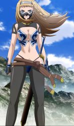 Rule 34 | 10s, 1girl, blonde hair, blue eyes, breasts, female focus, highres, large breasts, leina (queen&#039;s blade), long hair, outdoors, queen&#039;s blade, queen&#039;s blade rebellion, queen&#039;s blade vanquished queens, screencap, sky, solo, standing, stitched, third-party edit