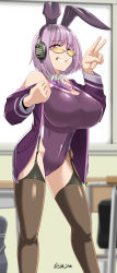 Rule 34 | 10s, 1girl, absurdres, animal ears, bare shoulders, black thighhighs, blurry, breasts, cleavage, competition swimsuit, depth of field, detached collar, garter straps, gridman universe, grin, highleg, highleg swimsuit, highres, jacket, large breasts, light purple hair, looking at viewer, looking over eyewear, looking over glasses, one-piece swimsuit, one eye closed, playboy bunny swimsuit, purple jacket, purple neckwear, rabbit ears, red eyes, saizu nitou gunsou, semi-rimless eyewear, shinjou akane, short hair, smile, solo, ssss.gridman, standing, swimsuit, thighhighs, tinted eyewear, under-rim eyewear, yellow-tinted eyewear, yellow-tinted glasses