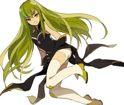 Rule 34 | 1girl, bare shoulders, black gloves, boots, c.c., code geass, gloves, green hair, long hair, loo, short shorts, shorts, simple background, solo, thigh boots, thighhighs, white thighhighs, yellow eyes, zettai ryouiki