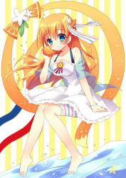 Rule 34 | 1girl, bad id, bad pixiv id, barefoot, bloomers, blue eyes, blush, breasts, brooch, dress, flower, food, france, french flag, fruit, hair ornament, highres, jewelry, long hair, looking at viewer, medium breasts, necklace, orange (fruit), orange blossoms, orange hair, orangina, personification, sakura yuzuna, sitting, smile, solo, striped, striped background, sumisaki yuzuna, underwear, vertical stripes, water
