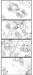 Rule 34 | 1girl, 4koma, 4others, :3, artist request, bad id, bad tumblr id, car, character request, check source, comic, copyright request, driving, dust cloud, formula one, formula racer, gloves, grass, headpat, highres, jacket, long sleeves, medium hair, monochrome, motion lines, motor vehicle, multiple others, on one knee, one eye closed, pit crew, putting on headwear, race vehicle, racecar, racetrack, removing helmet, smile, sound effects, source request, spoiler (automobile), tire, translated