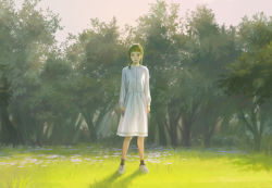 Rule 34 | 1girl, black socks, blunt bangs, book, closed mouth, day, field, flower, forest, green hair, holding, holding book, legs apart, long sleeves, looking at viewer, nature, original, outdoors, shirt, shoes, short hair, skirt, socks, solo, tree, tunapon01, white footwear, white shirt, white skirt