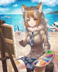 Rule 34 | 1girl, :3, absurdres, animal ears, blue necktie, blue skirt, blue sky, blush, boat, breasts, brown eyes, brown hair, brown thighhighs, cloud, day, easel, fang, gloves, highres, holding, holding paintbrush, holding palette, italian wolf (kemono friends), kemono friends, long hair, long sleeves, looking at viewer, medium breasts, multicolored hair, necktie, neukkom, open mouth, outdoors, paintbrush, palette (object), plaid, plaid necktie, plaid skirt, pleated skirt, sitting, skirt, sky, smile, solo, tail, thighhighs, water, watercraft, white gloves, white hair, wolf ears, wolf girl, wolf tail