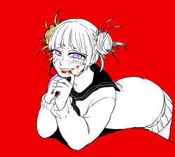 Rule 34 | 10s, 1girl, ascot, bent over, blood, blood on face, blunt bangs, boku no hero academia, cardigan, double bun, fangs, female focus, hair bun, heart, heart-shaped pupils, leaning forward, looking at viewer, messy hair, monochrome, nail polish, pleated skirt, purple eyes, red background, red nails, school uniform, serafuku, simple background, skirt, smile, solo, spot color, symbol-shaped pupils, toga himiko, yandere
