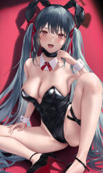 Rule 34 | 1girl, animal ears, bare shoulders, black hairband, black leotard, blue hair, breasts, cleavage, detached collar, fake animal ears, hair ribbon, hairband, hand on own leg, high heels, highres, large breasts, leotard, long hair, looking at viewer, mask, mask pull, mhru, mouth mask, open mouth, original, paid reward available, playboy bunny, pulled by self, rabbit ears, red background, red eyes, red ribbon, ribbon, sitting, solo, spread legs, twintails, very long hair, wrist cuffs