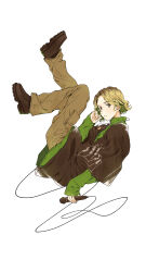 Rule 34 | 1boy, blonde hair, boots, brown eyes, brown footwear, brown pants, brown shirt, curly hair, green shirt, highres, holding, holding microphone, jewelry, kana (okitasougo222), legs up, looking at viewer, male focus, microphone, microphone cord, midair, necklace, official art, pants, parted lips, po-uta, shirt, solo, turtleneck, vocaloid, white background