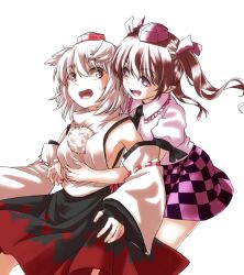 Rule 34 | 2girls, animal ears, black skirt, breasts, brown hair, checkered clothes, checkered skirt, commentary request, cropped legs, detached sleeves, fingerless gloves, fingernails, floating hair, frilled shirt collar, frills, gloves, hair between eyes, hair ribbon, hat, himekaidou hatate, hug, hug from behind, inubashiri momiji, leaf print, leaning back, looking at another, looking back, maple leaf print, medium breasts, multiple girls, muted color, naegi (naegidokoro), open mouth, pom pom (clothes), puffy short sleeves, puffy sleeves, purple eyes, purple headwear, purple shirt, purple skirt, red eyes, red headwear, red skirt, ribbon, shirt, short hair, short sleeves, sideboob, simple background, skirt, standing, sweatdrop, tokin hat, touhou, twintails, two-tone skirt, white background, white hair, wolf ears