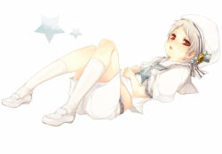 Rule 34 | 1boy, aged down, axis powers hetalia, bad id, bad pixiv id, blush, child, full body, hat, kneehighs, lying, male focus, on back, open mouth, prussia (hetalia), red eyes, ribbon, sailor, shoes, short hair, shorts, simple background, socks, tobi (one), white background, white hair, white legwear