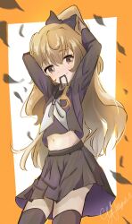 Rule 34 | absurdres, aisaka taiga, arms up, black bow, black shirt, black skirt, black thighhighs, blush, bow, brown eyes, brown hair, closed mouth, commentary, cowboy shot, cynist1, hair between eyes, hair bow, hair tie in mouth, hands in hair, highres, long hair, long sleeves, looking at viewer, midriff, mouth hold, navel, neckerchief, orange background, shirt, signature, skirt, smile, thighhighs, toradora!, two-tone background, white background, white neckerchief