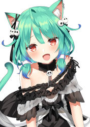 Rule 34 | 1girl, ahoge, animal ear fluff, animal ears, bare shoulders, black dress, black ribbon, blue hair, blush, cat ears, cat girl, cat tail, commentary, detached collar, dress, ear piercing, fang, flat chest, frilled dress, frills, gradient hair, green hair, hair ornament, hair ribbon, hololive, kemonomimi mode, kurot, multicolored hair, off-shoulder dress, off shoulder, open mouth, piercing, red eyes, ribbon, see-through, see-through sleeves, short hair, simple background, skull hair ornament, smile, solo, tail, twintails, two-tone hair, uruha rushia, uruha rushia (3rd costume), virtual youtuber, white background