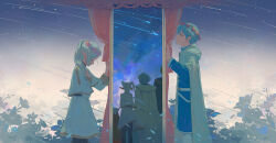 Rule 34 | 1girl, 3boys, belt, blue hair, blue shirt, capelet, cloak, closed mouth, commentary, curtains, earrings, eisen (sousou no frieren), elf, feet out of frame, field, flower, flower field, frieren, from side, gold trim, hano 1219, head wreath, heiter, highres, himmel (sousou no frieren), hood, hood down, hooded cloak, jacket, jewelry, long hair, long sleeves, meteor shower, multiple boys, multiple views, night, night sky, pointy ears, red curtains, sad, shirt, shooting star, short hair, skirt, skirt set, sky, sousou no frieren, standing, star (sky), starry sky, twintails, white belt, white capelet, white cloak, white hair, white jacket, white skirt