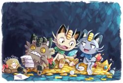 Rule 34 | alolan form, alolan meowth, alt text, apple, arm scarf, artsy-theo, blue scarf, cave, coin, creatures (company), diamond (gemstone), fangs, food, fruit, galarian form, galarian meowth, game freak, gem, gen 1 pokemon, gen 7 pokemon, gen 8 pokemon, gold, gold coin, green scarf, holding, holding paper, letter, meowth, nintendo, open mouth, paper, pearl (gemstone), pokemon, pokemon (creature), pokemon mystery dungeon, reading, red scarf, scarf, sitting, tail