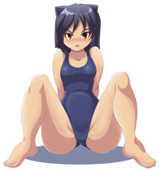 Rule 34 | 1girl, :&lt;, animal ears, aq interactive, arcana heart, atlus, barefoot, blue one-piece swimsuit, blush, brown eyes, cat ears, crotch, daidouji kira, examu, feet, kihaiu, looking at viewer, one-piece swimsuit, short hair, simple background, sitting, skindentation, solo, spread legs, swimsuit, toes, white background