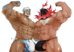 Rule 34 | 2boys, abs, aegir (housamo), aegir (swimsuit) (housamo), anchor earrings, aqua hair, bara, beard, biceps, blue eyes, body hair, bulge, chest hair, commission, dark-skinned male, dark skin, earrings, eye contact, facial hair, fins, fire, fish boy, flexing, glowing, glowing eyes, groin, helmet, highres, jewelry, large bulge, large pectorals, looking at another, male focus, male swimwear, mature male, multicolored hair, multiple boys, muscular, muscular male, navel, nipples, no nipples, pectorals, ppyong, second-party source, short hair, single earring, stomach, streaked hair, sunglasses, surtr (housamo), swim briefs, thick thighs, thighs, tokyo houkago summoners, topless male, underwear, underwear only, veins, white background, white hair, white male swimwear, yaoi
