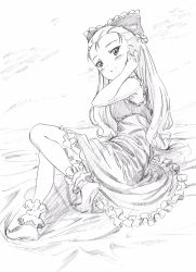 Rule 34 | 1girl, assam (girls und panzer), bed sheet, bow, closed mouth, commentary, frilled bow, frilled nightgown, frilled socks, frills, girls und panzer, graphite (medium), greyscale, hair bow, hair pulled back, hand in own hair, highres, light blush, long hair, looking at viewer, lying, makicha (sasurainopink), monochrome, nightgown, on bed, on side, sleeveless, smile, socks, solo, traditional media