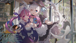 Rule 34 | 2girls, anchor symbol, bird, blurry, blurry background, blush, breasts, cafe, cake, cleavage, cup, dove, drill hair, food, gloves, heterochromia, highres, hololive, kagura gumi, kagura mea, looking at viewer, maid headdress, medium breasts, minato aqua, minato aqua (1st costume), multiple girls, nail polish, one eye closed, open mouth, purple eyes, ribbon, silver hair, twin drills, twintails, v, virtual youtuber
