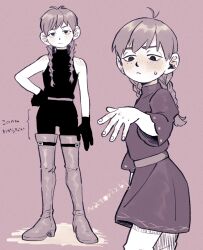 Rule 34 | 1girl, ahoge, bare shoulders, belt, blush, body freckles, bodysuit, boots, braid, breasts, dress, dungeon meshi, flat chest, freckles, gloves, halfling, hand on own hip, highres, jitome, knee boots, low twin braids, mayjack (dungeon meshi), monochrome, pants, signature, simple background, sweatdrop, tamaki26j, twin braids, unkempt