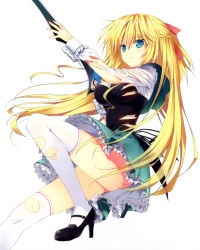 Rule 34 | 10s, 1girl, absolute duo, absurdres, asaba yuu, blonde hair, blue eyes, green skirt, hair ribbon, high heels, highres, holding, holding weapon, lilith bristol, long hair, red ribbon, ribbon, simple background, skirt, smile, solo, thighhighs, torn clothes, torn thighhighs, weapon, white background, white thighhighs