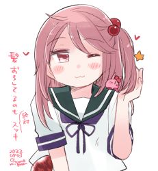 Rule 34 | 1girl, :3, alternate hairstyle, badge, blue sailor collar, rabbit on shoulder, commentary request, izumiyamisono, kantai collection, looking at viewer, medium hair, one eye closed, one side up, pink eyes, pink hair, sailor collar, sazanami (kancolle), school uniform, serafuku, simple background, solo, translation request, twintails, white background