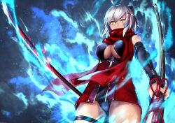 Rule 34 | 1girl, bad id, bad pixiv id, bare shoulders, black panties, breasts, cleavage, fate/grand order, fate (series), hair ornament, holding, holding sword, holding weapon, katana, looking at viewer, okita souji (fate), okita souji alter (fate), okita souji alter (first ascension) (fate), panties, scarf, sheath, short hair, silver hair, solo, sword, underwear, unsheathed, weapon, yellow eyes, yukihama