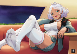 Rule 34 | 1girl, artist logo, blue eyes, breasts, couch, covered erect nipples, crossed legs, eyelashes, feet, foot out of frame, gundam, gundam suisei no majo, halterneck, jacket, large breasts, leotard, leotard under clothes, looking at viewer, open clothes, open jacket, open mouth, reclining, secelia dote, short hair, shorts, sideboob, sitting, soles, solo, space, teeth, teng zhai zi, thighhighs, thighs, upper teeth only, white hair, white leotard, white thighhighs, window