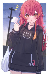 Rule 34 | 1girl, animal print, anku, bag, black hoodie, blush, cat print, cellphone, highres, holding, holding paper, hood, hoodie, jewelry, long hair, long sleeves, looking at viewer, multicolored hair, necklace, nekota tsuna, night, night sky, object in pocket, orange eyes, orange hair, outdoors, paper, paw print, phone, power lines, red hair, shopping bag, sky, smartphone, solo, thighs, upper body, utility pole, virtual youtuber, vspo!