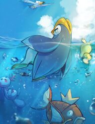Rule 34 | :o, afloat, air bubble, bird, black eyes, bubble, closed mouth, cloud, commentary, creatures (company), day, duckhina, fish, flying, game freak, gen 1 pokemon, gen 2 pokemon, gen 3 pokemon, gen 4 pokemon, gen 7 pokemon, green eyes, highres, magikarp, nintendo, o o, open mouth, outdoors, partially underwater shot, pokemon, prinplup, psyduck, signature, sky, wingull, wishiwashi, wooper