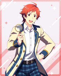 Rule 34 | 1boy, ahoge, belt, breast pocket, collared shirt, holding, holding magnifying glass, idolmaster, idolmaster side-m, idolmaster side-m growing stars, long sleeves, magnifying glass, male focus, official art, open mouth, pocket, red eyes, red hair, shirt, simple background, solo, teeth, tendo teru, upper teeth only, white shirt
