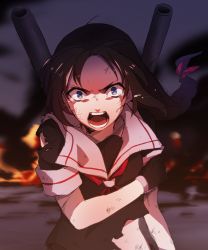 Rule 34 | 10s, 1girl, ahoge, angry, black gloves, black hair, blue eyes, bow, braid, crying, crying with eyes open, fire, furious, gloves, hair bow, kantai collection, long hair, looking at viewer, personification, school uniform, screaming, serafuku, shigure (kancolle), single braid, solo, tears, torn clothes, tukno, wide-eyed