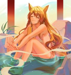 Rule 34 | 1girl, animal ears, arknights, bare legs, bare shoulders, barefoot, bathing, can, ceobe (arknights), closed eyes, closed mouth, collarbone, dog ears, dog girl, dog tail, drink can, drinking, fang, kernel killer, long hair, material growth, naked towel, onsen, orange hair, oripathy lesion (arknights), sitting, skin fang, smile, soda can, solo, stretching, tail, towel, very long hair, water