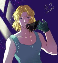 Rule 34 | 1boy, aqua gloves, autumn-sacura, blonde hair, blue eyes, gloves, light, looking to the side, male focus, mouth hold, raidese f branstein, signature, solo, super robot wars, super robot wars original generation, tank top, upper body