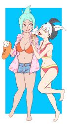 Rule 34 | 2girls, absurdres, barefoot, black hair, blue background, border, bra, breasts, cerebella (skullgirls), cleavage, closed eyes, collarbone, cutoffs, eating, feather hair ornament, feng (skullgirls), food, full body, green hair, grey eyes, hair ornament, hat, highres, ice cream, ice cream cone, large breasts, looking at another, multicolored hair, multiple girls, navel, open mouth, pata n, ponytail, short hair, skullgirls, smile, swimsuit, two-tone hair, underwear, unworn hat, unworn headwear, vice-versa (skullgirls), white border, white hair