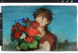 1boy art_program_in_frame border brown_hair chinese_commentary closed_mouth commentary_request flower flower_pot green_eyes hair_between_eyes highres holding holding_flower_pot isoi_reiji male_focus medium_hair procreate_(medium) procreate_(software) red_flower red_shirt saibou_shinkyoku shirt short_sleeves signature sketch solo the_crowd upper_body white_border