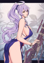 Rule 34 | 1girl, absurdres, ahoge, ass, bare legs, blue dress, blush, bow, bracelet, braid, breasts, brown eyes, china dress, chinese clothes, cowboy shot, dress, floral background, floral print, from side, granblue fantasy, gun, hair bow, hand on own chest, high ponytail, highres, jewelry, large breasts, legs, long hair, looking at viewer, oda non, parted lips, pelvic curtain, ponytail, purple hair, rifle, scrunchie, sideboob, silva (granblue fantasy), simple background, sniper rifle, solo, standing, thighs, twin braids, weapon