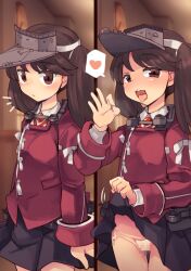 Rule 34 | 1girl, blush, brown eyes, brown hair, clothes lift, fellatio gesture, handjob gesture, hat, japanese clothes, kantai collection, lifting own clothes, lillithlauda, long hair, long sleeves, magatama, naughty face, open mouth, oral invitation, panties, pleated skirt, ryuujou (kancolle), sexually suggestive, side-tie panties, skirt, skirt lift, tongue, tongue out, twintails, underwear, visor cap