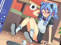 1girl accident apron blue_eyes blue_hair blush drill_hair female_focus kerikaza long_hair matching_hair/eyes mess messy one_eye_closed original solo suggestive_fluid tray twintails waitress