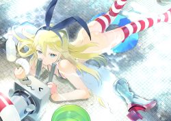 Rule 34 | 10s, 119, 1girl, ass, bikini, blonde hair, blue eyes, boots, bottle, hairband, innertube, kantai collection, long hair, rensouhou-chan, shimakaze (kancolle), skirt, striped clothes, striped thighhighs, swim ring, swimsuit, thighhighs