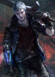 Rule 34 | 1boy, artist name, blouse, blue eyes, blue jacket, blurry, blurry background, devil may cry (series), devil may cry 5, fingerless gloves, gloves, glowing, highres, hood, hood down, hooded jacket, jacket, jewelry, male focus, mechanical arms, necklace, nero (devil may cry), open clothes, open jacket, oreki genya, over shoulder, parted lips, prosthesis, prosthetic hand, red queen (sword), shirt, short hair, silver hair, single glove, single mechanical arm, smile, solo, standing, sword, torn clothes, torn shirt, very short hair, weapon, weapon over shoulder