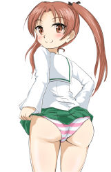 Rule 34 | 1girl, ass, blush, brown eyes, brown hair, closed mouth, e gs310, girls und panzer, highres, kadotani anzu, looking at viewer, looking back, ooarai school uniform, panties, pink stripes, school uniform, simple background, smile, solo, standing, striped clothes, striped panties, twintails, underwear, white background