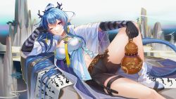 Rule 34 | 1girl, ;d, arknights, arm support, bad id, bad pixiv id, bare legs, black gloves, black shorts, blue eyes, blue hair, boots, breasts, coat, day, earrings, elbow gloves, gloves, gourd, highres, holding, jewelry, kernel killer, knee boots, knee up, large breasts, ling (arknights), long hair, long sleeves, looking at viewer, lying, midriff peek, multicolored hair, on side, one eye closed, open clothes, open coat, open mouth, outdoors, parted lips, pointy ears, rock, scroll, short shorts, shorts, smile, solo, streaked hair, thigh strap, two-tone hair, underbust, very long hair, white coat, white footwear, white hair, wide sleeves